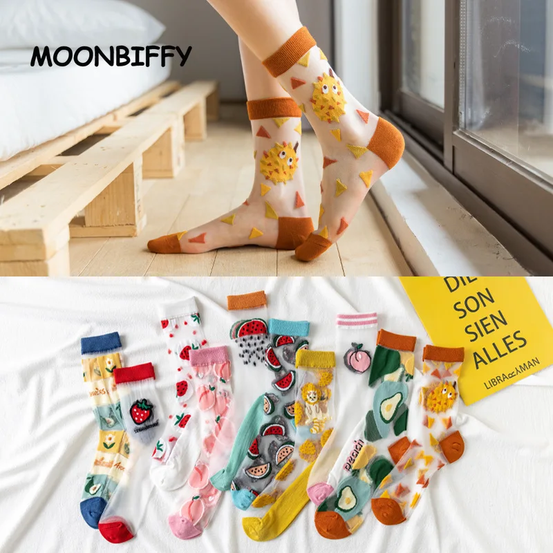 

Summer New Socks Women Japanese Thin Cartoon Fruit Glass Silk Tube Sock Fashion Ins Trend Stockings Kawaii Cute Aesthetic Socks