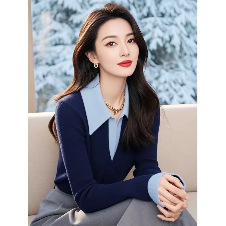 

Уникальная синяя лоскутная трикотажная футболка с воротником, облегающая весенне-осенняя женская длинная футболка из смеси хлопка све