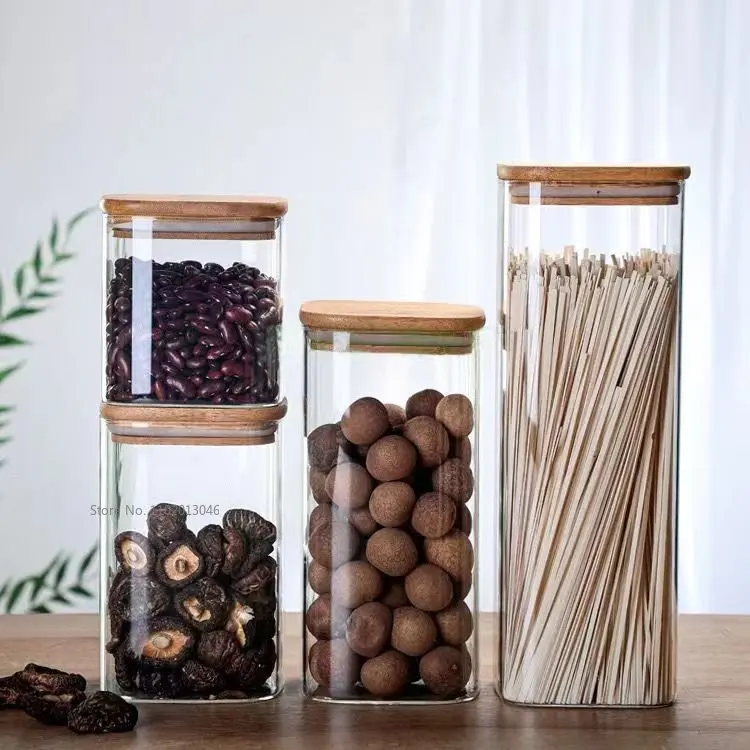 Kitchen Square Mason Jar with bamboo Cover For Spices Glass Container Glass Jars With Lids  Jar Kitchen Jars And Lids Wholesale