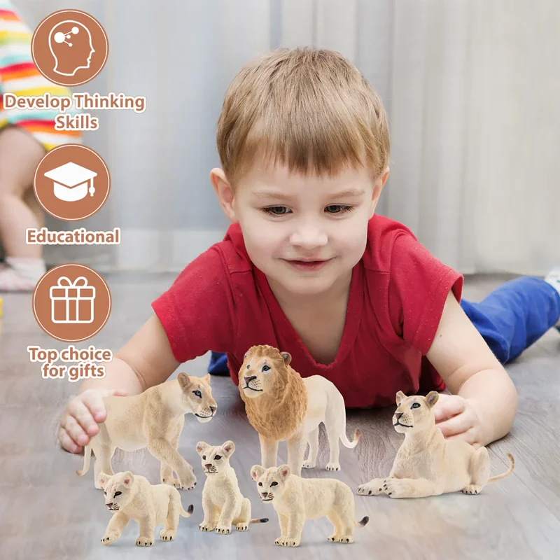 6Pcs Simulation White Lion Family Animals Model Toy Mini Lions Figures Dolls Action Figurines Toys for Children Set Gift