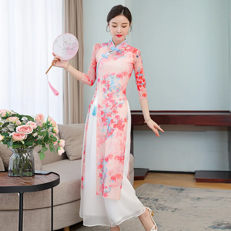 

Traditional Chinese Dance Costumes Vintage Printed Cheongsam Women Elegant Slim Fitting Performance Attire Classical Dancewear