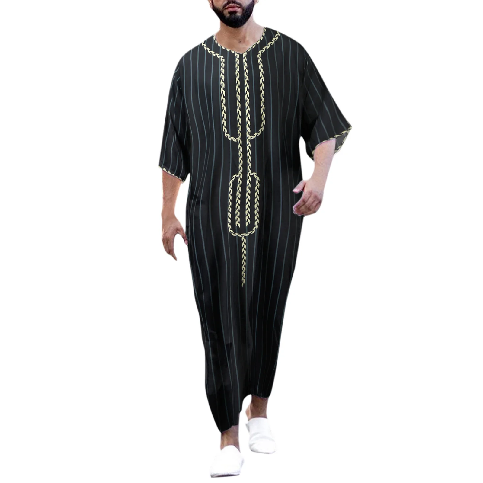 Wholesale Muslim Fashion Jubba Thobe Khamis Arab Islamic Clothing Robe Men Thawb Caftan Loose Striped Printing Muslim Men Thobe