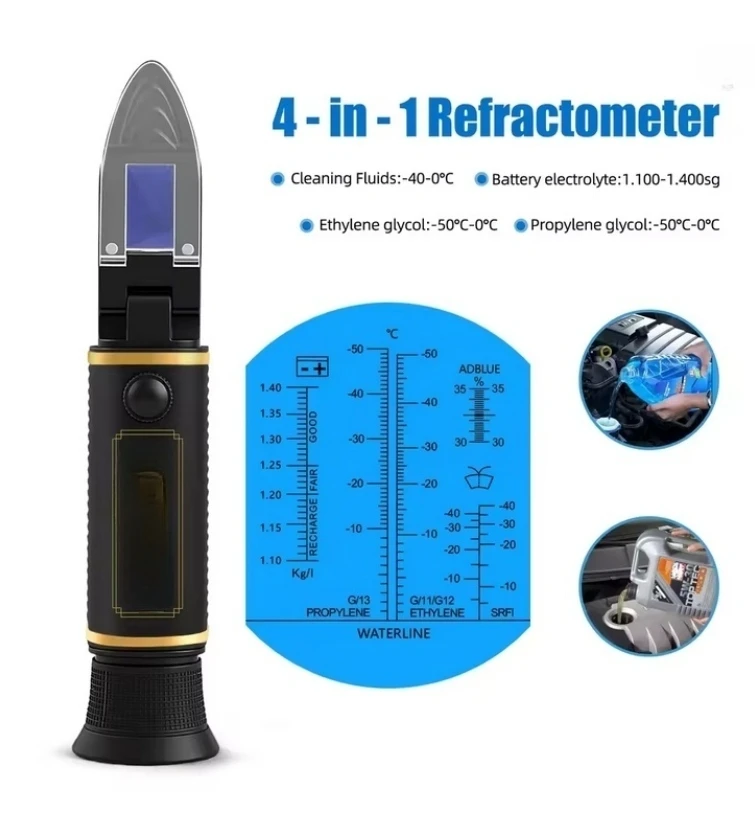 Compact 4-in-1 Refractometer for On-Site Measurement Antifreeze Freezing Point Battery Specific Gravity Washer Fluid Automotive