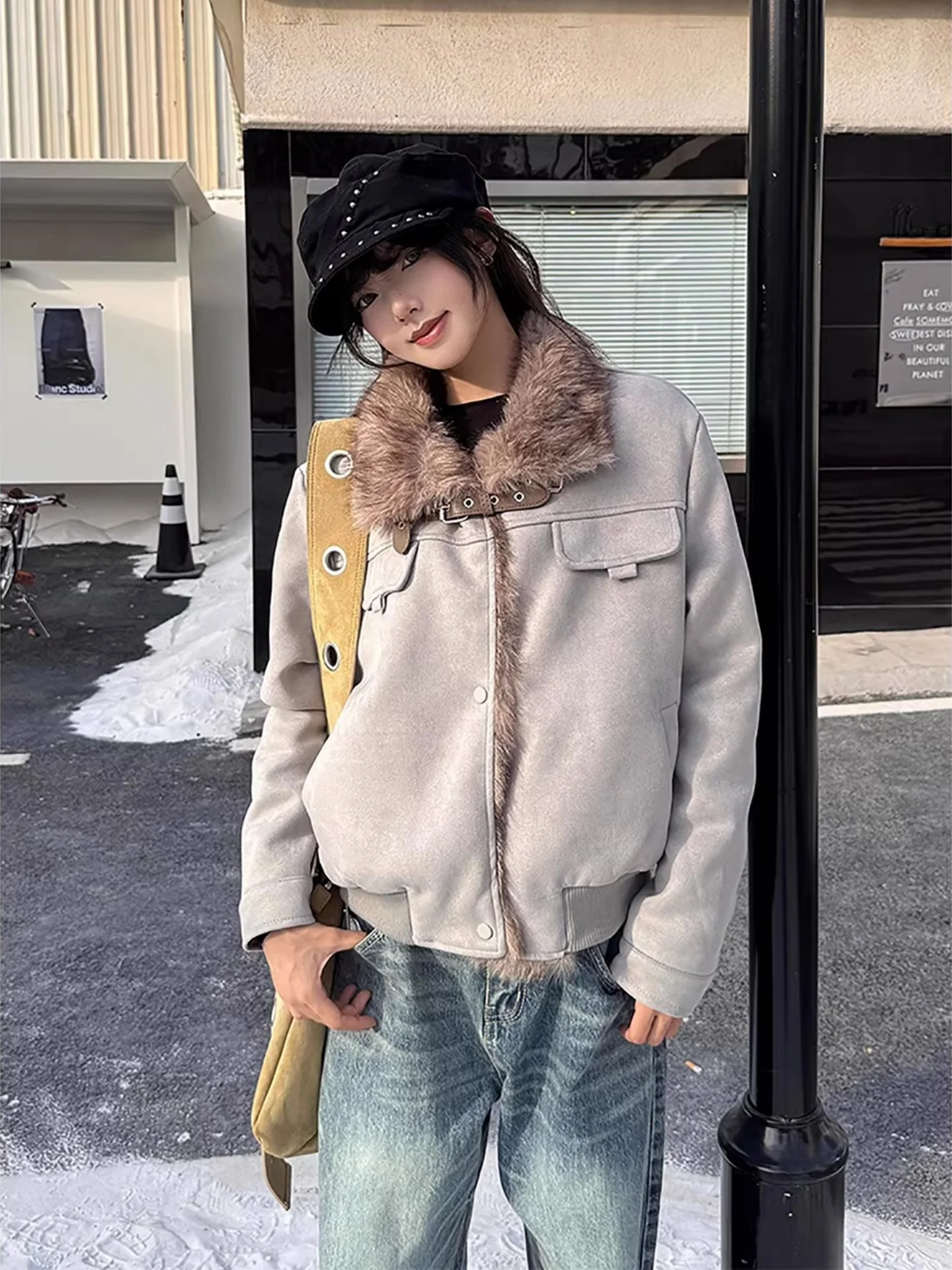 

ay Suede Jaet Men's Winter Thiened Fce Lined Cotton Workwear Stand Collar Jaet Youth Faion Stand Fit Zipper C...