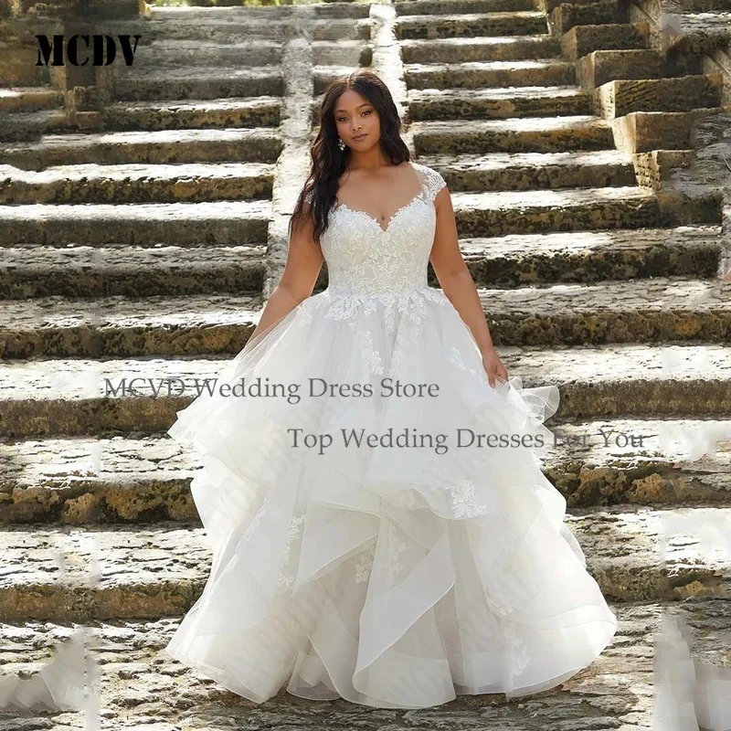 

MCDV Plus Size Wedding Dress for Big Women Cap Sleeves V Neck Lace Applique A Line Button Bride Dresses Vestido De Noiva