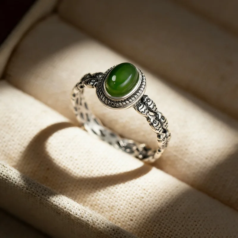 Women's 925 Sterling Silver Geometric Green Stone Ring, Handmade