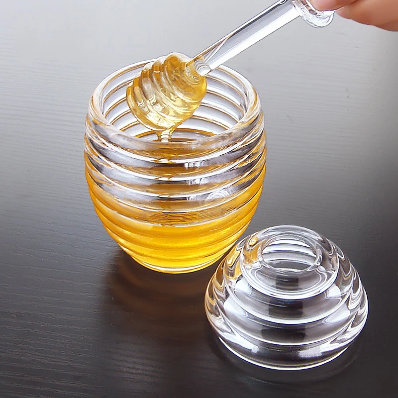 Beehive Shaped Honey Pot with Stirring Rod Transparent Acrylic Honey Jar Kitchen Liquid Syrup Storage Container