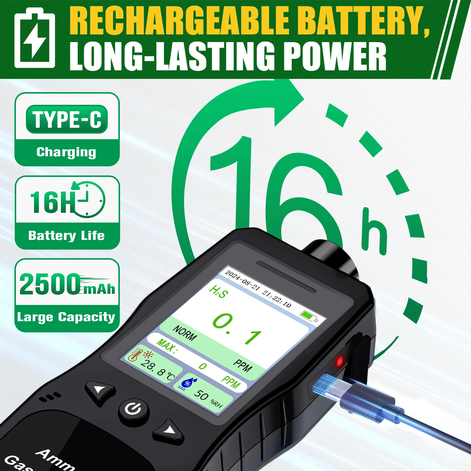 Hydrogen Sulfide Gas Detector 0-100 PPM with 3 Alarm Modes, 16H Long Battery Life, H2S Air Quality Meter with Temp & Humidity Te