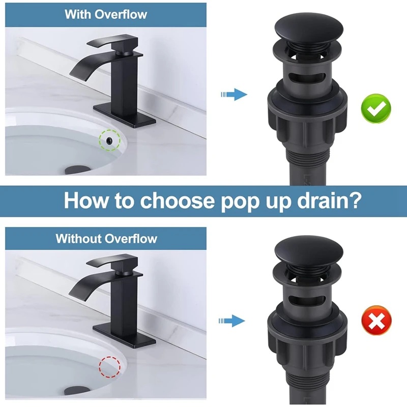 Bathroom Sink Drain With Overflow 2 Pack, Matte Black -Up Drain Stopper Vanity Sink Clicker Drain Stopper