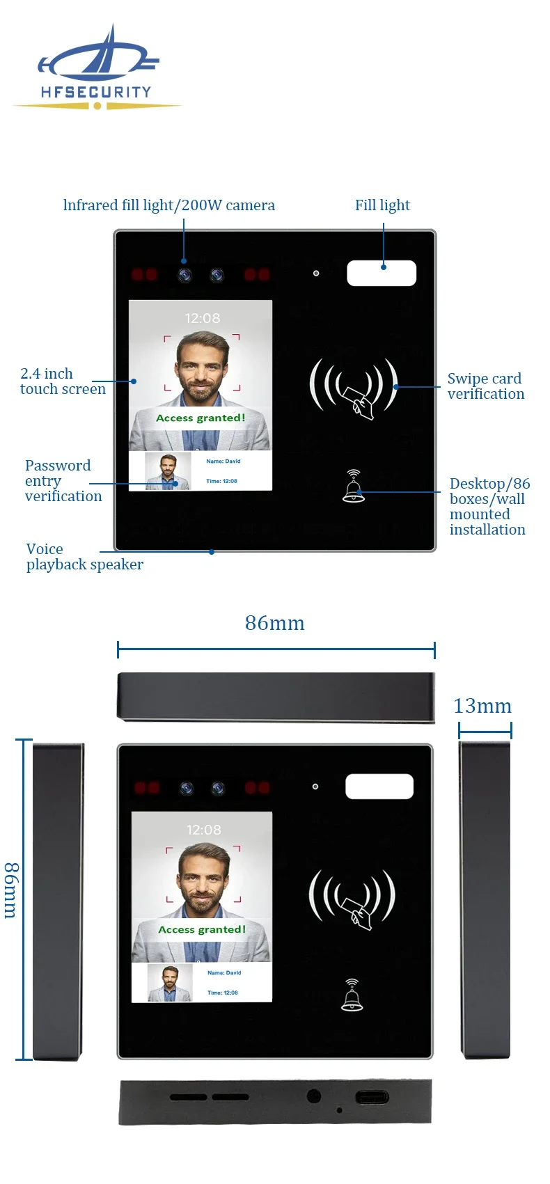 HFSecurity MINI30 Face Recognition IC Reader 2.4 Inches Face Recognition Access Control for gym hotel school