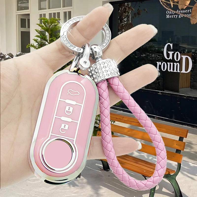 Fiat Key Fob Protector with Rhinestone Key Chain, Soft TPU Key Case for Fiat 500 Key Holder, Boyue Bravo Iveco Olsen Car Key Rem