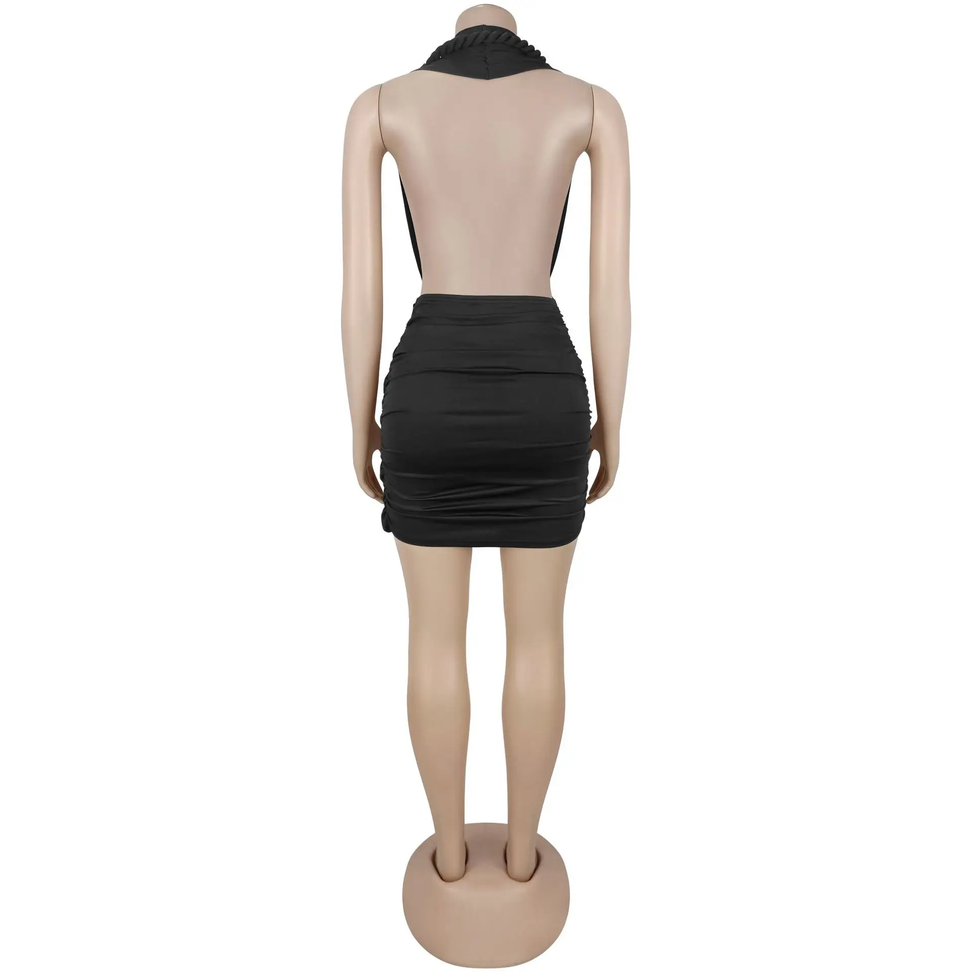 2026 Neues Damen Geflochtenes Wickelkleid mit Neckholder, Tiefem Ausschnitt und Rückenausschnitt, Sexy Geballtes Minikleid mit V-Ausschnitt für Geburtstag und Clubwear – Detail 10