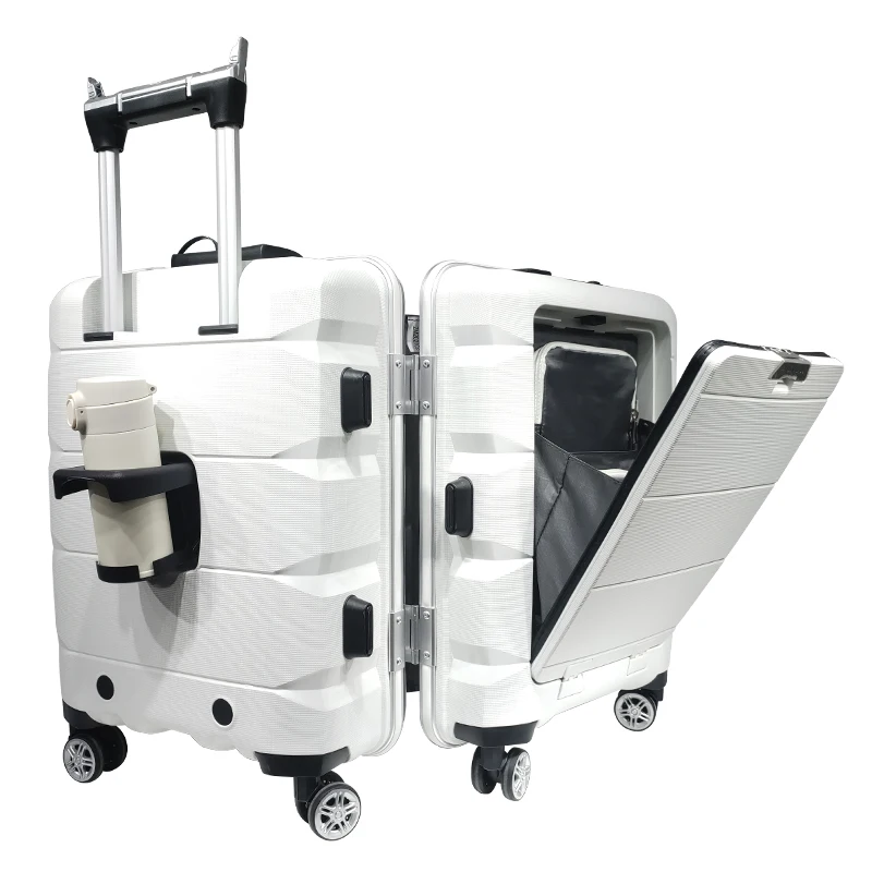 Travel Durable PP Trolley Suitcase Rolling Hard Shell Spinner Luggage Set with Front Opening Laptop Mobile Cup Holder