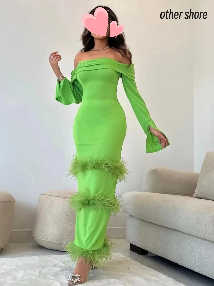 Other Shore Elegant Vintage Sexy Sweet Green Feathers Boat Neck Customize Formal Occasion Prom Dress Evening Party Gowns