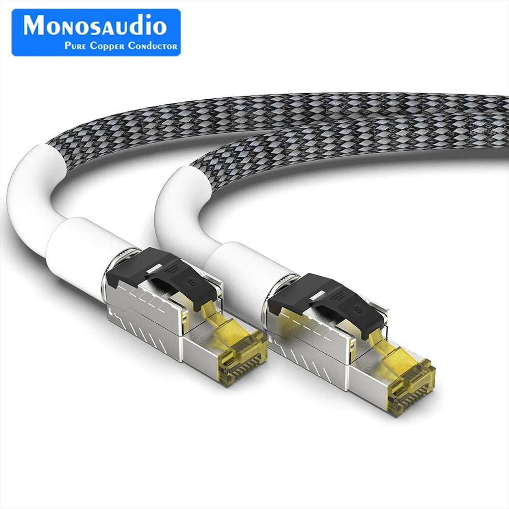 Monosaudio kabel Ethernet HiFi tembaga, 99.998% OFC CAT8 untuk Router/Laptop/komputer