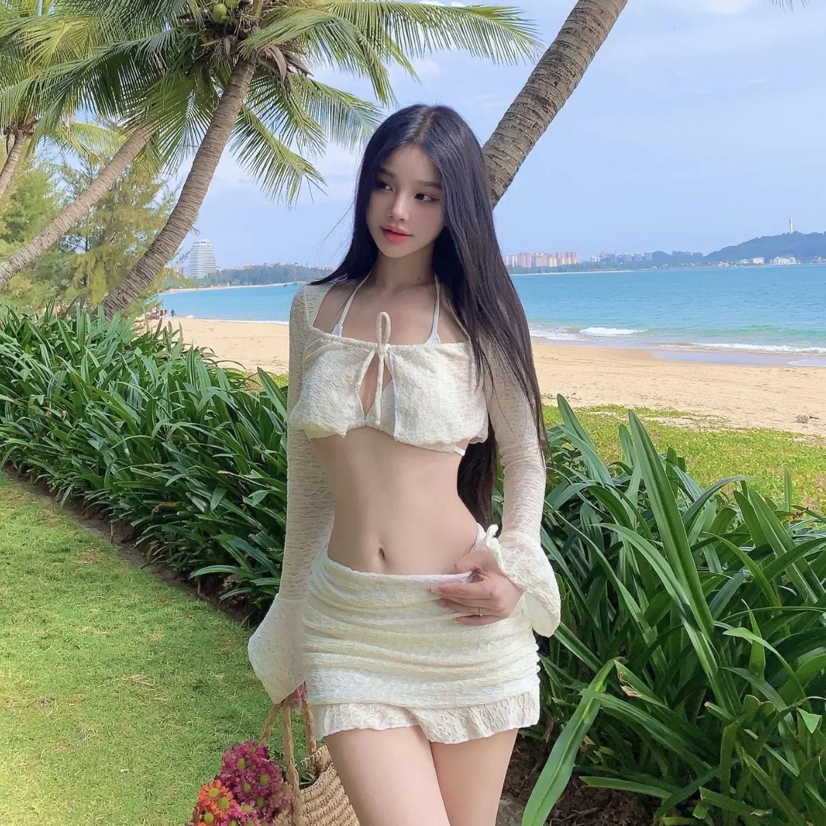 

Sexy Three-Piece Women's Bikini Swimsuit Hot Spring Belly Covering Slimming Separate Full Color Small Chest Cute