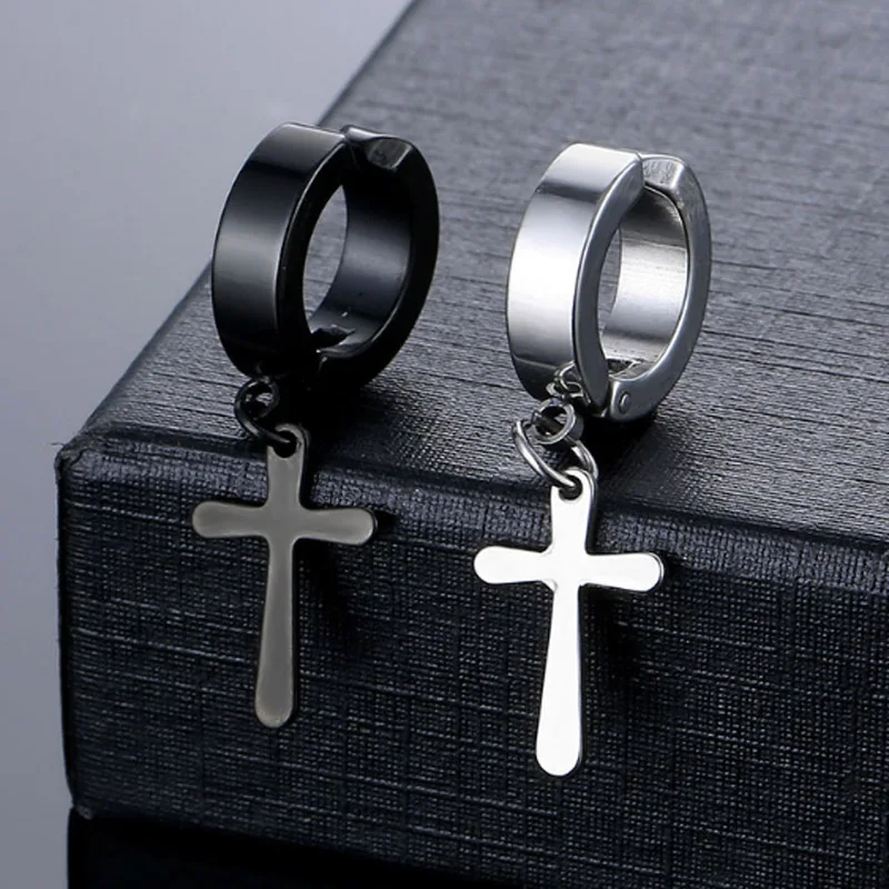 Trendy Cross Drop Earrings for Men 316L Stainless Steel Hoop Clip On Ear Non Piercing Earrings Jewelry