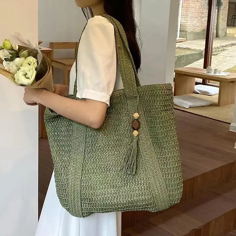 Korean Fashion Beach Tote Bag Vacation Woven Bag 2024 Trendy Ins Network Popular Same Style Straw Woven Bag Casual Shoulder Bags