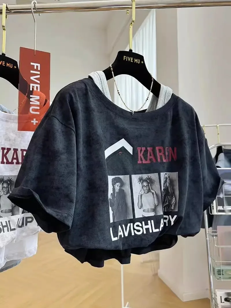 

Retro American Print Tie Dye Distressed Short Sleeve T Shirt Women Summer Loose Short Length Top Korean Style Casual Wear