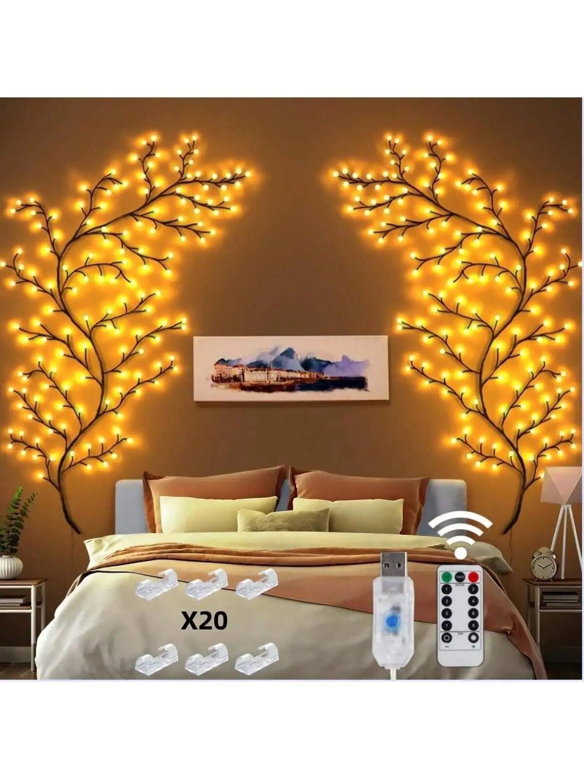 USB Willow Branch Vine Fairy Lights 96 LED Warm White Remote Control 4 Brightness Adjustable DIY Bendable Wall Light Aesthetic Bedroom Fireplace Home Decor