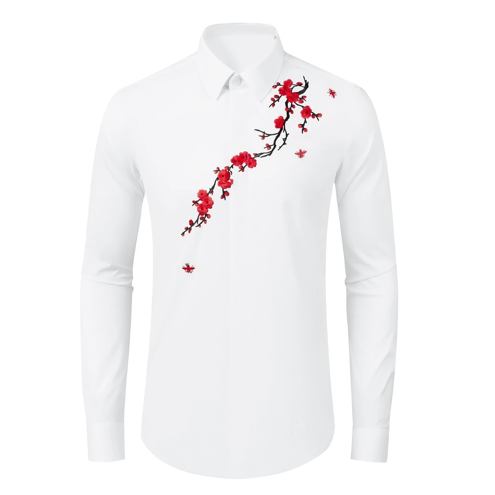 High Quality Flower Bee Embroidery Shirt for Men Slim Fit Cotton Casual Shirts Male Long Sleeve Business Social Party Blouse