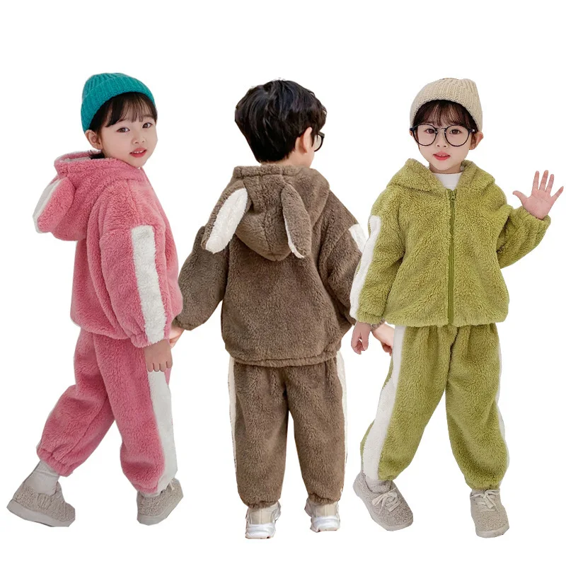 Winter children's set 0-6 year old boys and girl plush warm hooded leisure jacket top +pants thickened fashionable Kids Garments