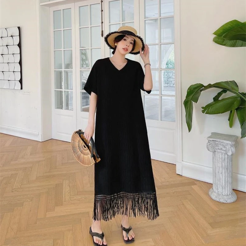 

150kg Women's Extra Large Size Tassel Long Dress French Solid Lazy Style Nightgown Summer Short Sleeve Loose T-Shirt Dresses
