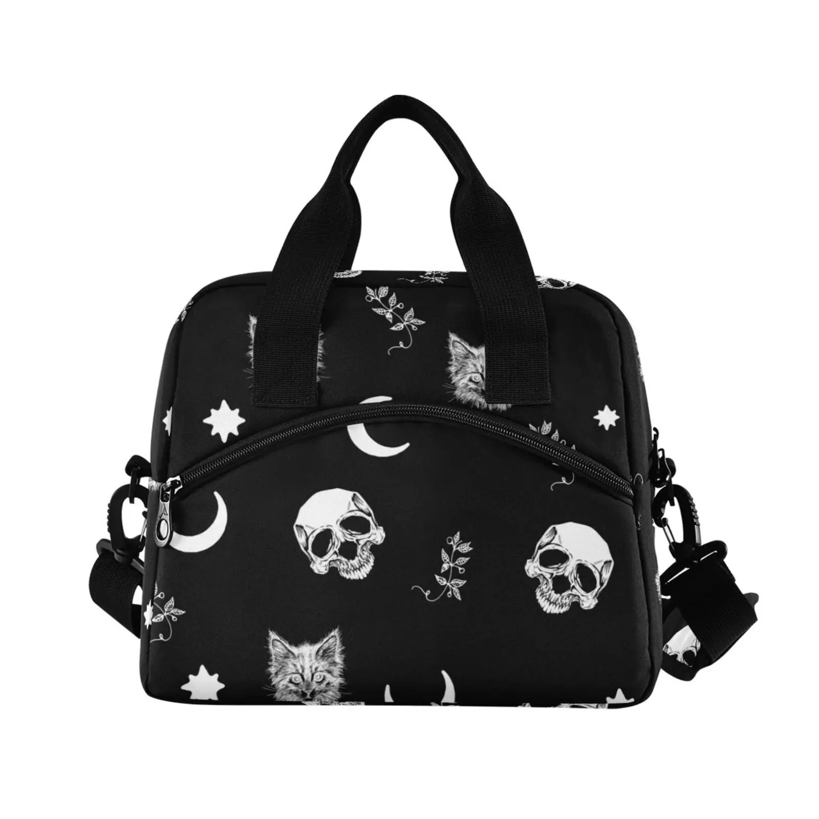 Skull Cat Moon Gothic Insulated Lunch Bag Large Capacity Cooler Tote Bag Portable Zipper Hand Pack Thermal Picnic Food Bag Box