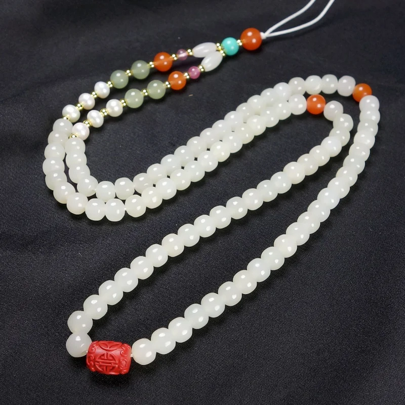 Natural Hetian White Jade Old Style Bead Necklace Cord Hanging Chain Pearl South Red