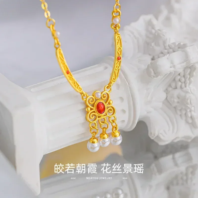 Eldorado Gold  9999 Real Gold 24K Ancient Design Silk Jingyao Pearl Necklace High Color Retro Court Style Necklace