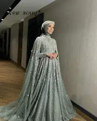 Arabic Sage Green Elegant A-Line Heavy Beaded Evening Dresses with Cape Sleeves Formal Occasion Middle East Kaftans Customized