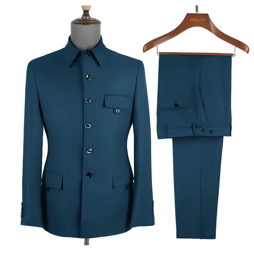 Costume formel bleu Royal pour hommes, ensemble 2 pièces, col montant, Blazer, pantalon, coupe cintr