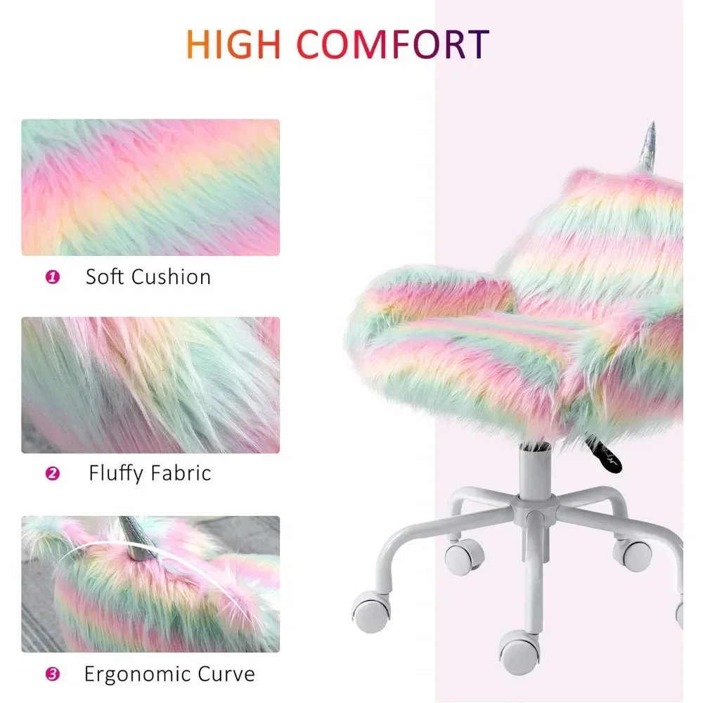 office chair.Fluffy Unicorn Office Chair with Mid-Back and Armrest Support, 5 Star Swivel Wheel White Base, Rainbow