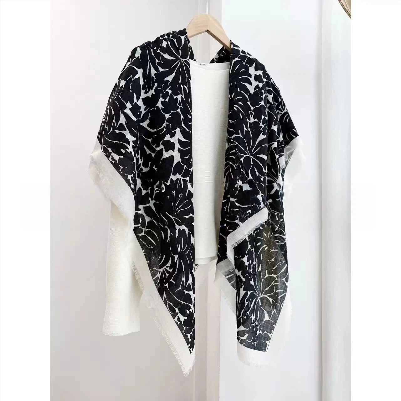 women's-100-wool-large-square-scarf-black‑white-floral-print-fringed-edge-shawl-wrap-for-head-neck-shoulder-cape