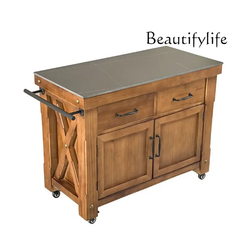 

American solid wood movable middle island table with cabinet door, side cabinet, bar table, kitchen operation cooking table