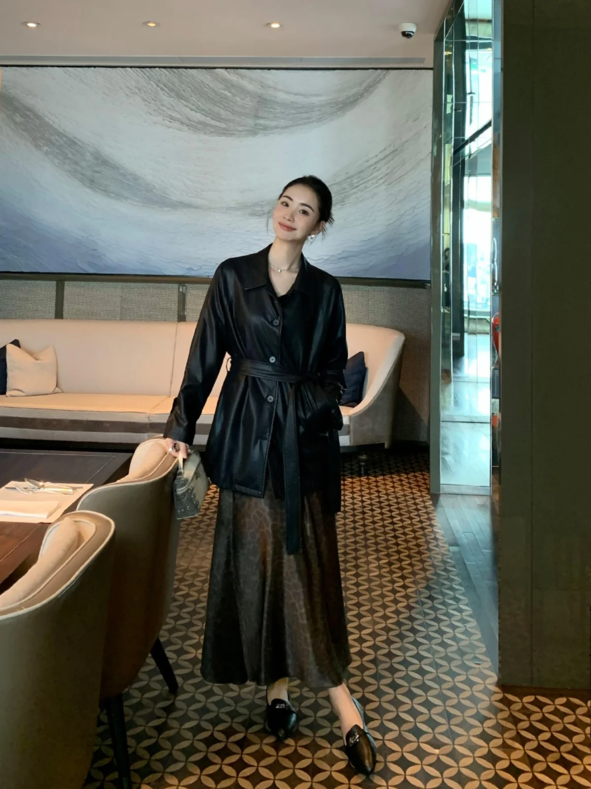 Pusumede Bla PU Leather Waist-Cinching Belted Jaet Women's Street Sle Loose Fit Long Sve Coat for Spring Autumn