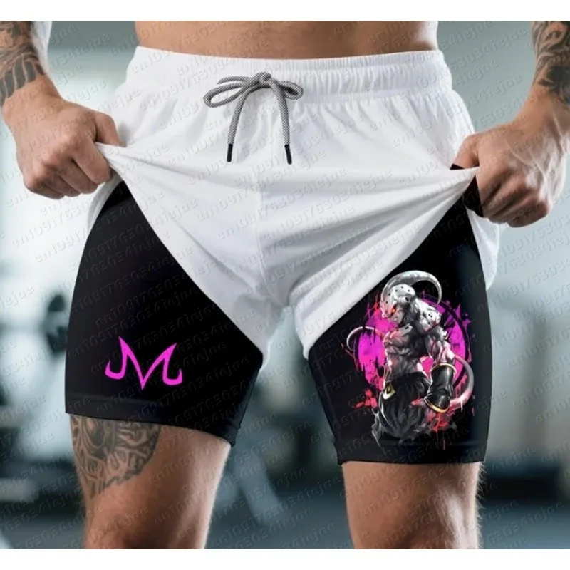

2026 Dragon Ball Z Majin Shorts: Мужские и женские двухслойные спортивные шорты 2-в-1 с сеткой, дышащие, летние, повседневные, быстросохнущие брюки