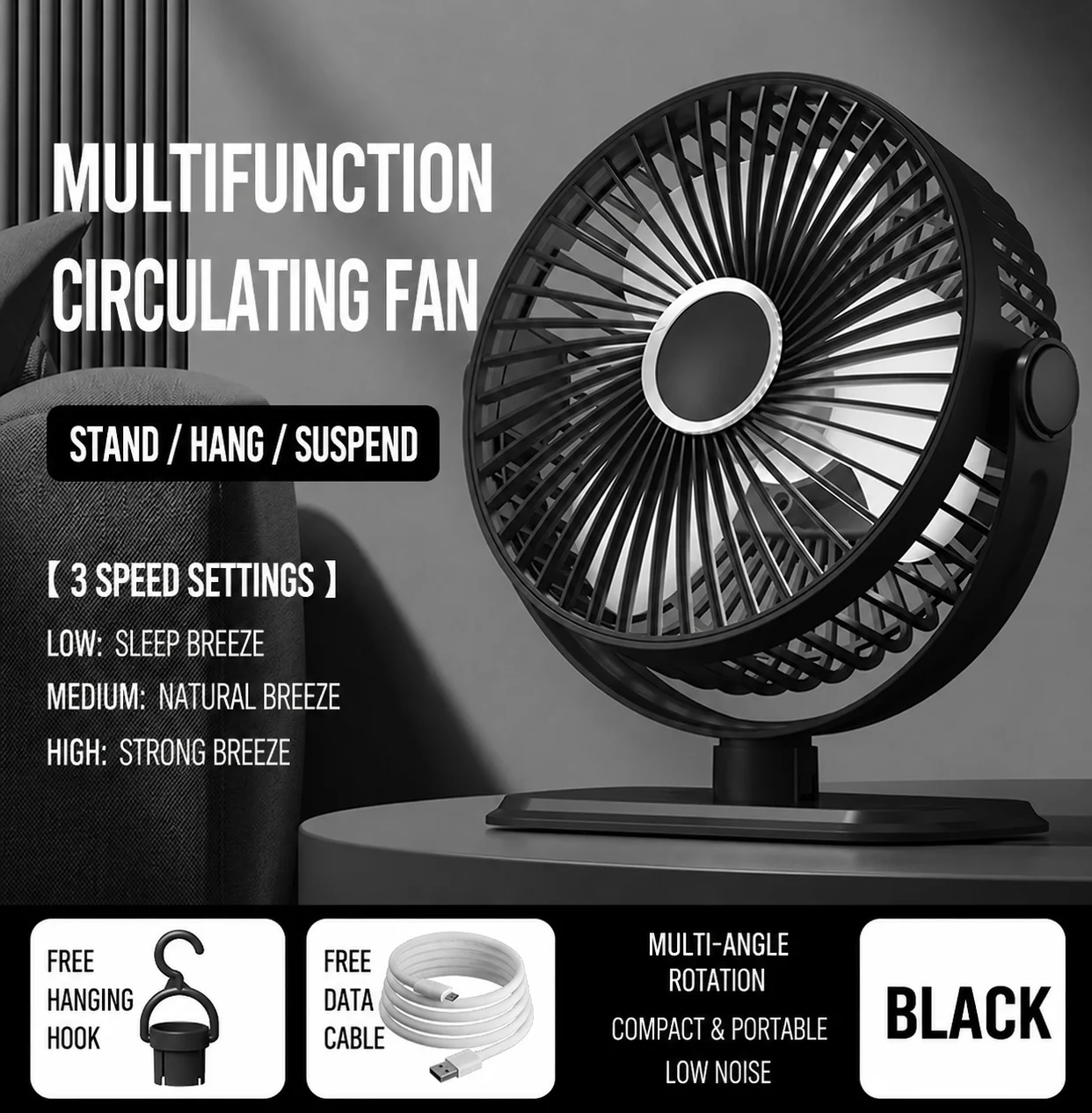 Ventilador de Mesa Portátil USB 360 °   Ventilador de resfriamento ajustável, silencioso, com ajuste de 3 velocidades, ultra silencioso, adequado para casa, escritório, 2026