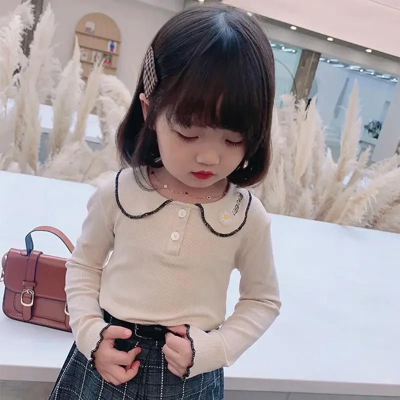 Kids Girls Cute Casual T-shirts 2024 New Arrival Children Korean Japanese Style Cotton Tops Spring Autumn Beige Undershirts