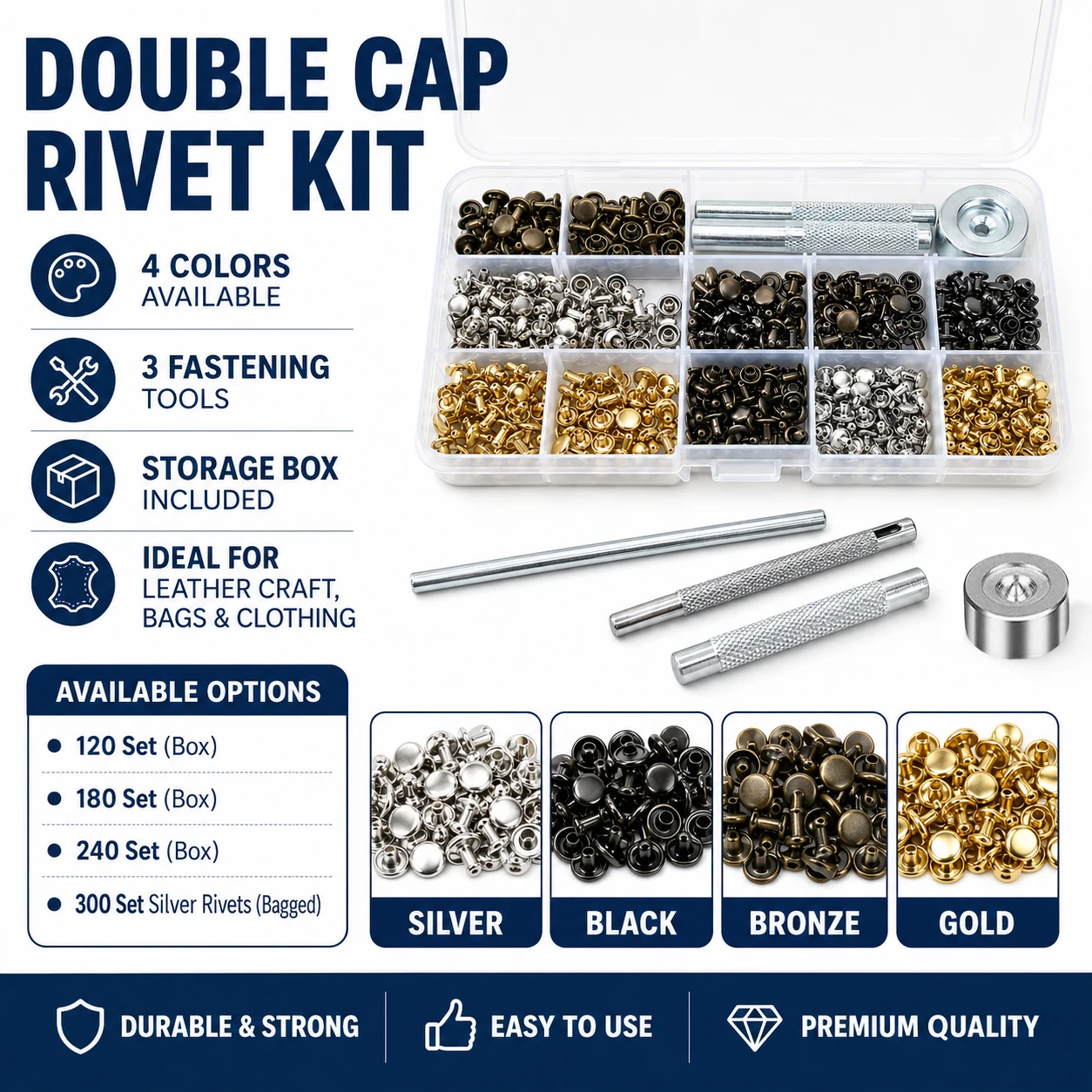 120-300Sets Collision Nail Spike 6-8mm, Metal Double Cap Round Rivets Studs for Leather Craft Shoe Bag Belt Garment Bracelet DIY