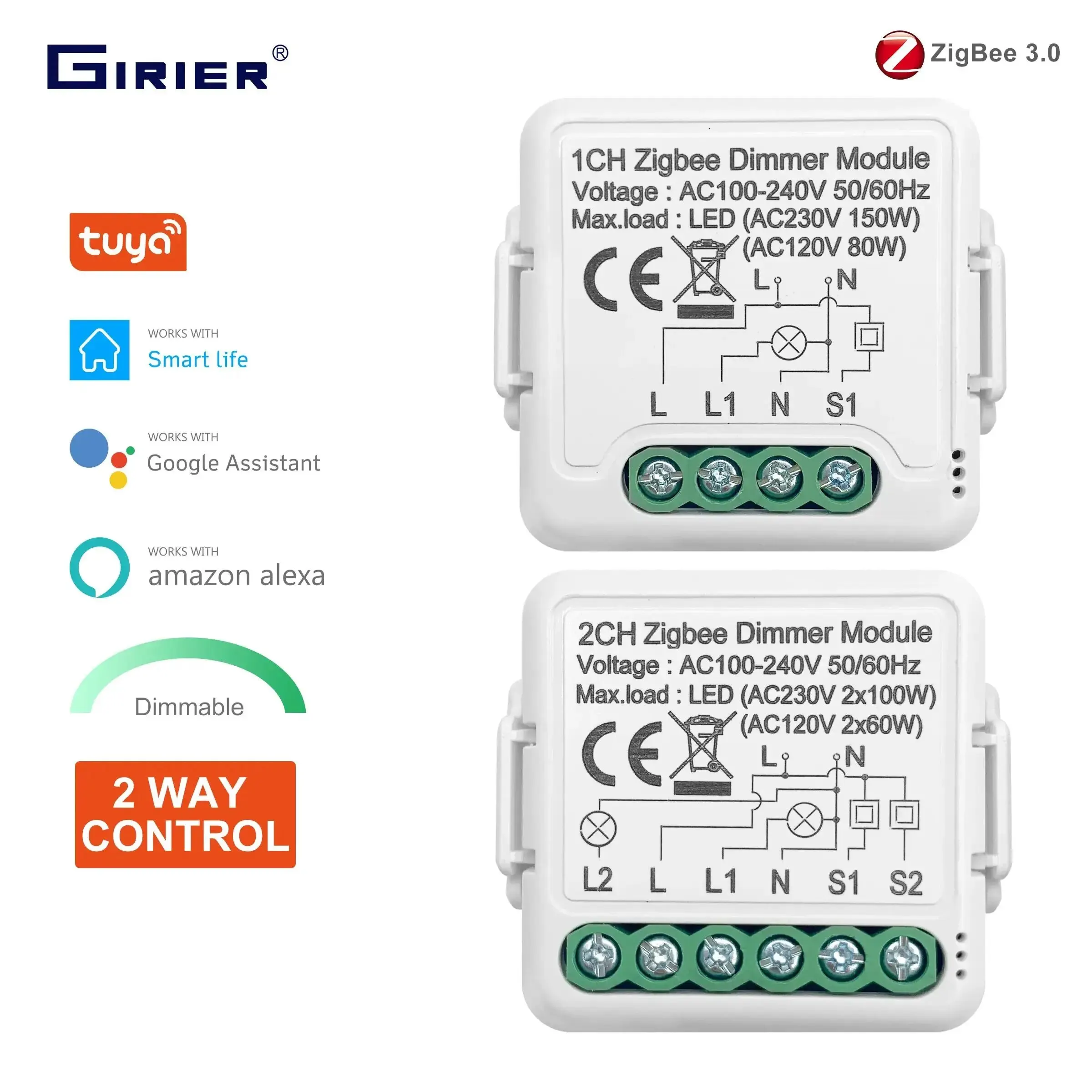 GIRIER Tuya ZigBee 3.0 Smart Dimmer Switch Module 10A Dimmable Light Switch Supports 2 Way Control Works with Alexa Google Home