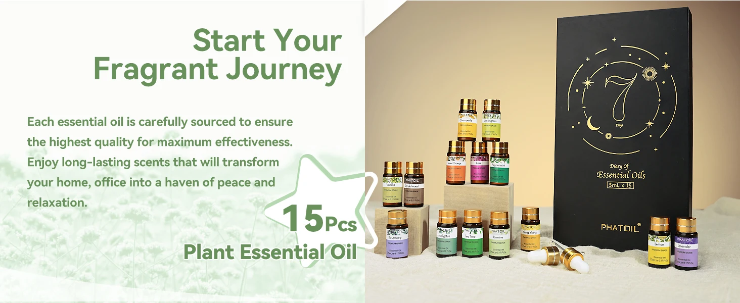 PHATOIL 15pcs x 5ml Essential Oil Gift Set For Aromatherapy Diffuser Lavender Peppermint Eucalyptus Lemon Cinnamon Vanilla Rose Aroma Essential Oils For Soap & Candle Making