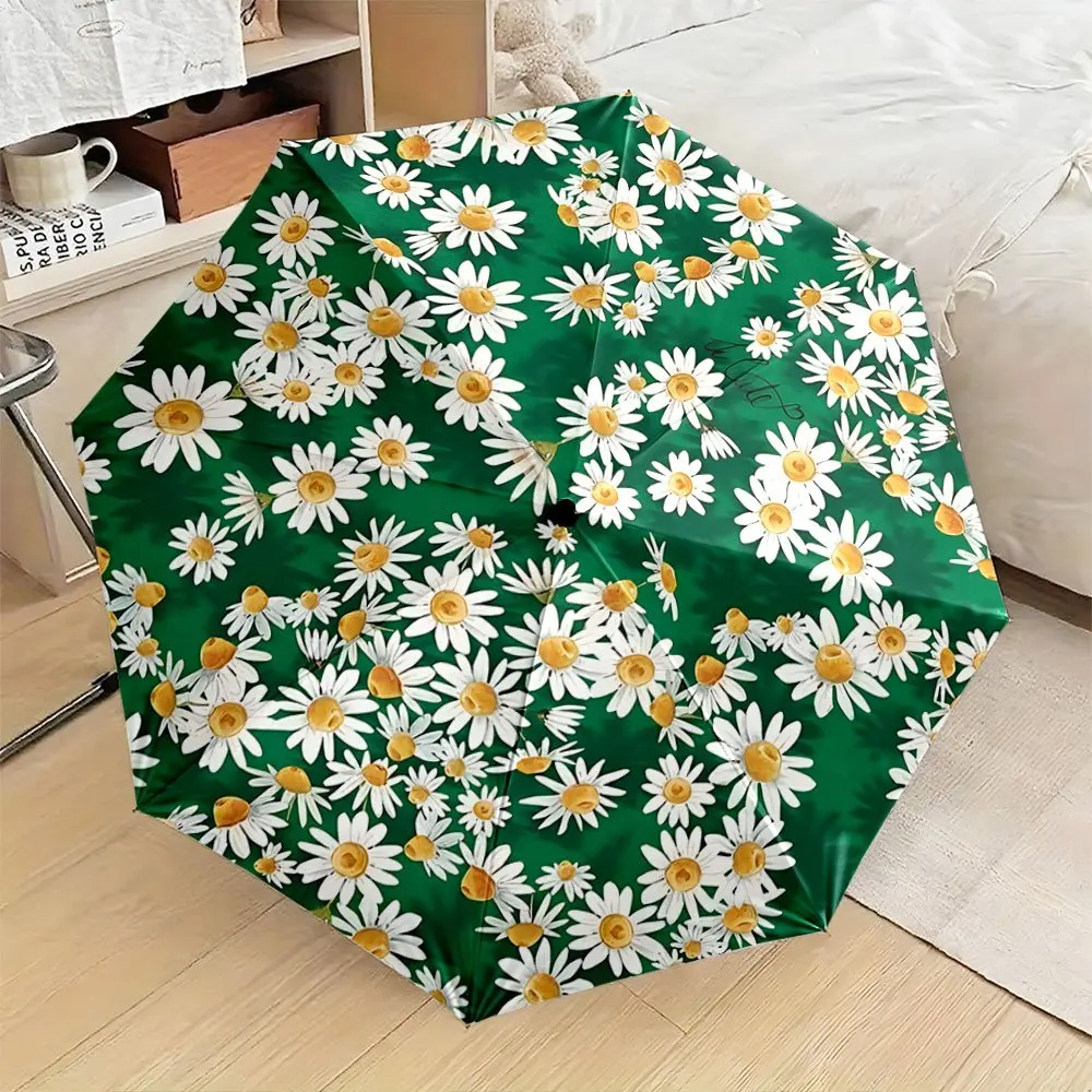 

Automatic Folding Umbrella with White Daisies & Yellow Centers on Green Background - 8-Rib Portable Collapsible Design, Durabl