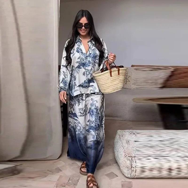 Streetwear Elegant Summer Fashion Ink Print Two Piece Set Women Causal Lapel Bishop Sleeve Shirt Wide Leg Pants Two Piece Set