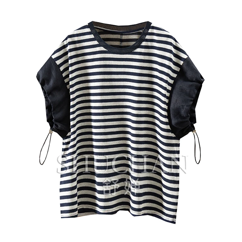 

New Striped Crew Neck Drawstring Bud Sleeve T-Shirt Women's 8W54 T Shirt Women Blusas Verao 2025 Feminino