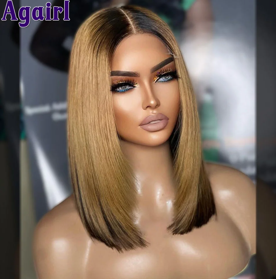 Ombre Blonde Black Bob Frontal Wig Human Hair Ready To Wear 200% Density Straight Short Bob Lace Front Wigs for Women PrePlucked