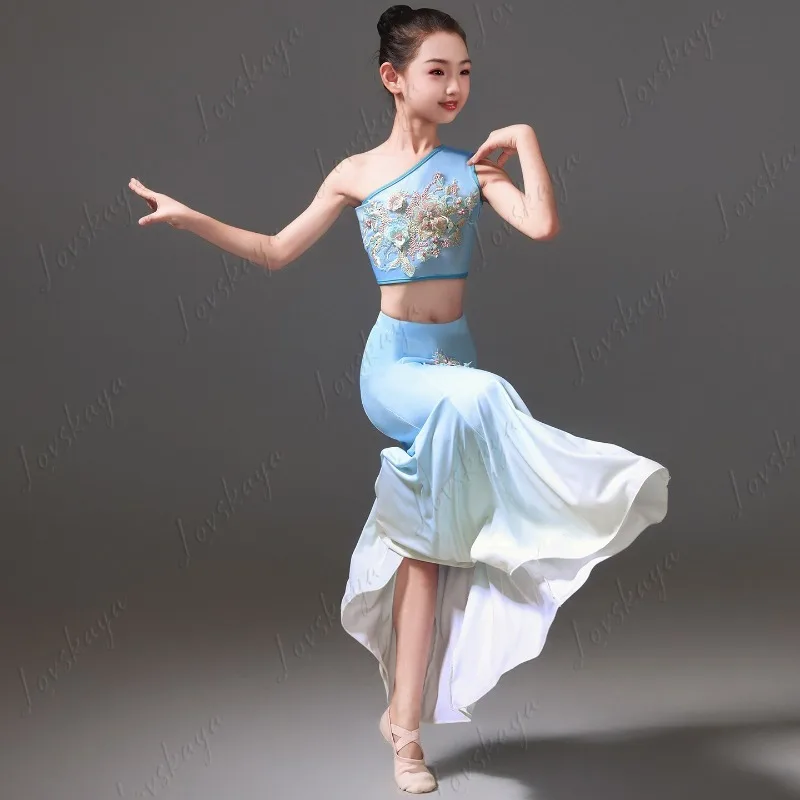 Girls One Shoulder Gradient Dai Dance Costume Kids Solo Stage Performance Dress