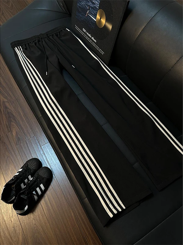 Black Cleanfit Stripe Loose Straight Leg Casual Pants Men Summer American Style Fitness Running Sport Trousers Comfortable Br...