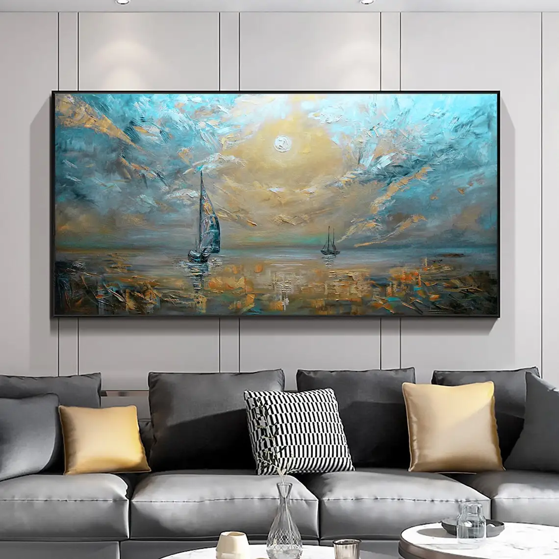 Abstract Sunset Ocean Landscape Hand-painted Oil Painting Large Original Blue Nautical Ship Texture Painting Wall Art Decoration