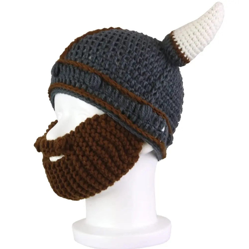 Handmade Knit Helmet and Removable Beard Barbarian Knight Knit Hat Viking Horns Beanie Funny Caps